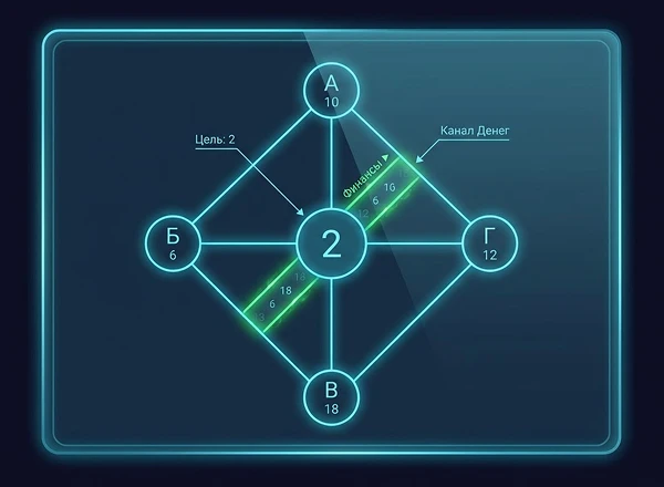 Схема матрицы судьбы Илона Маска с подписями ключевых арканов в финансовом канале и зоне предназначения