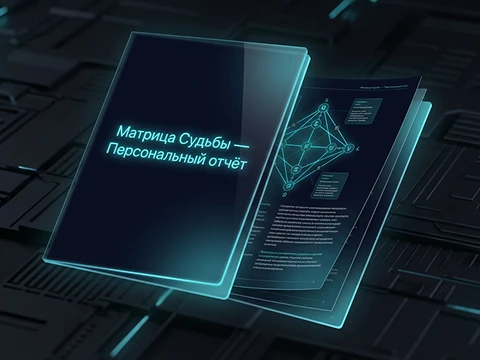 Мокап персонального PDF-отчёта матрицы судьбы: обложка и разворот с расшифровкой арканов