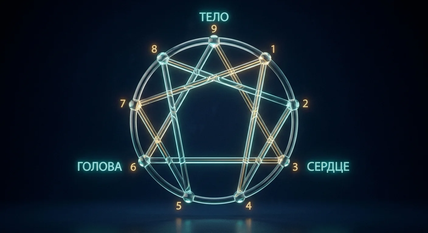 Схема трех центров интеллекта в эннеаграмме: тело, сердце и голова