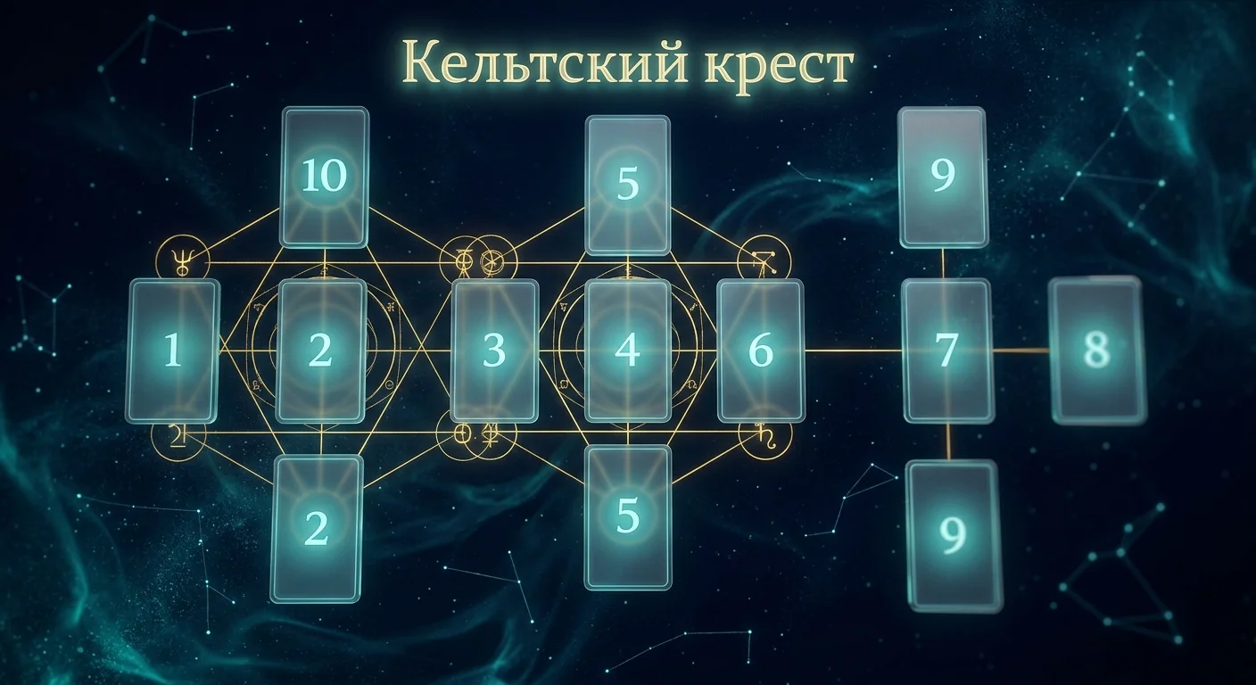 Схема расклада Кельтский крест Таро с обозначением всех 10 позиций. Схема расклада Кельтский крест Таро с обозначением всех 10 позиций.