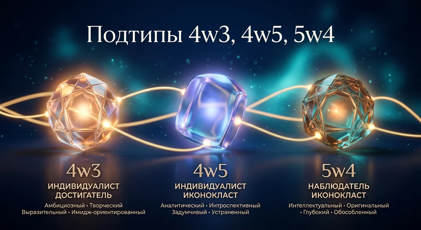 Сравнение подтипов 4w3, 4w5 и 5w4 в системе эннеаграммы