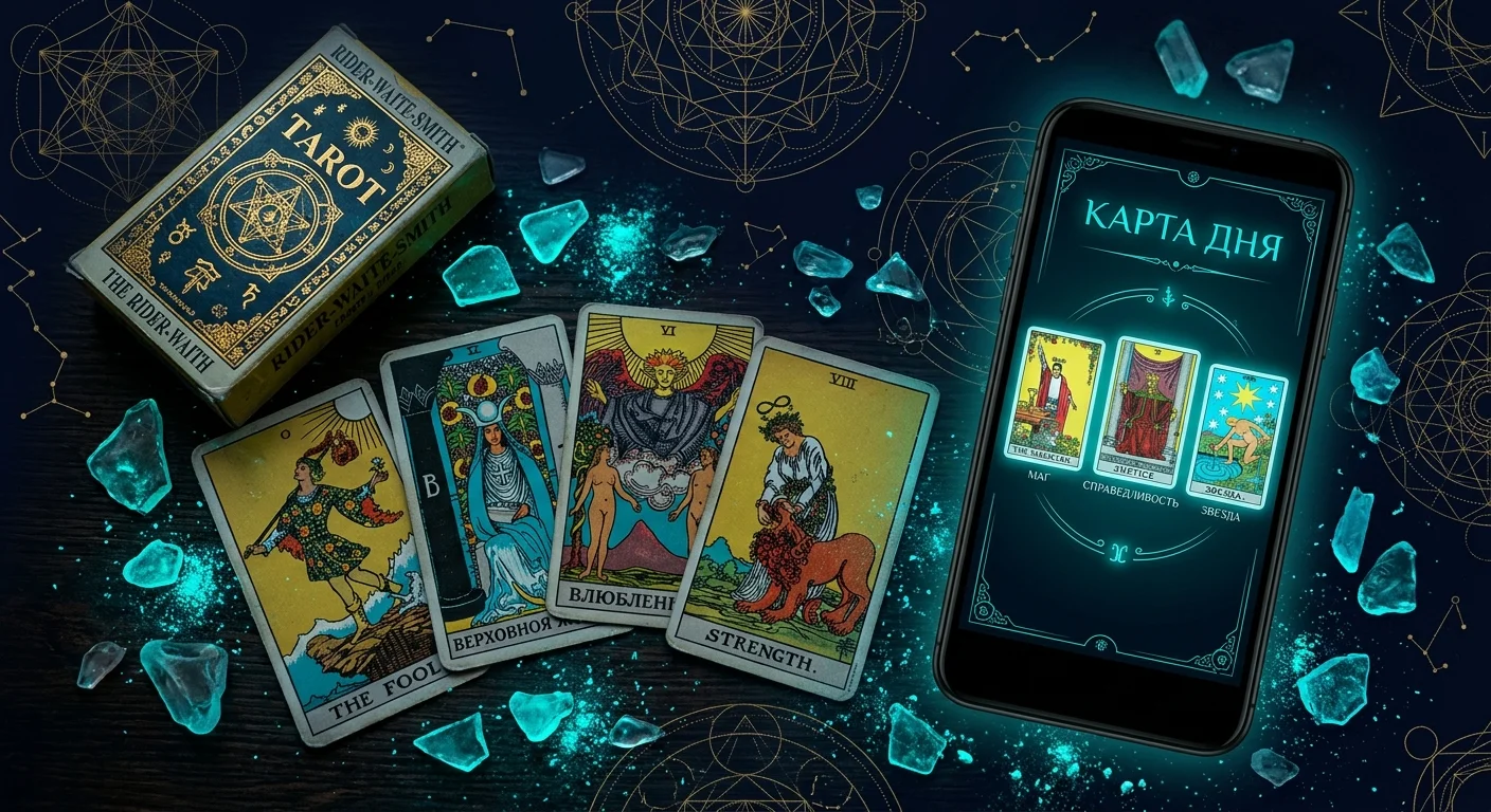 Сравнение классической колоды Таро и онлайн-расклада на экране смартфона. Сравнение классической колоды Таро и онлайн-расклада на экране смартфона.