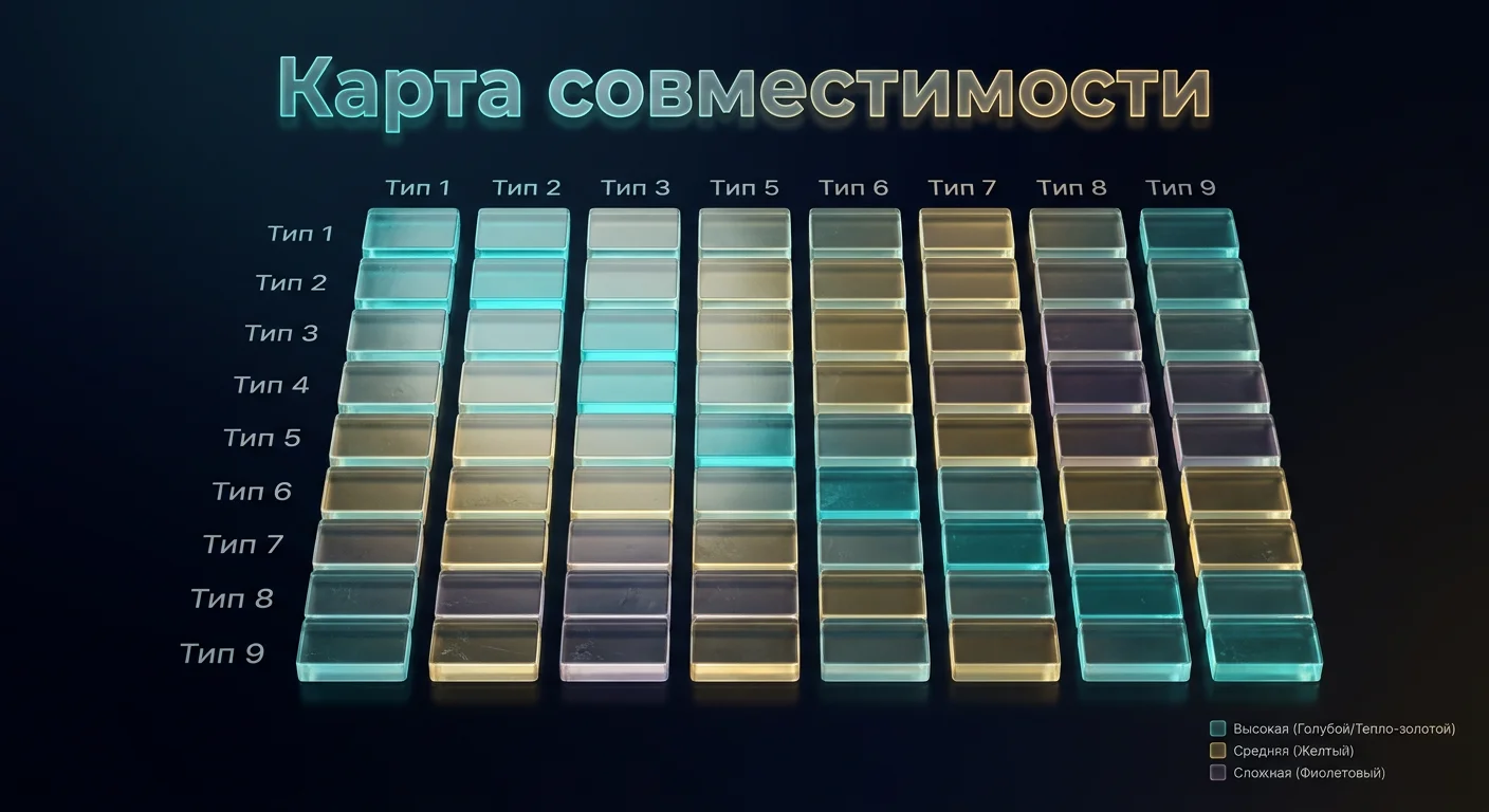 Таблица совместимости пар эннеаграммы 9×9 — зоны трения и деэскалации