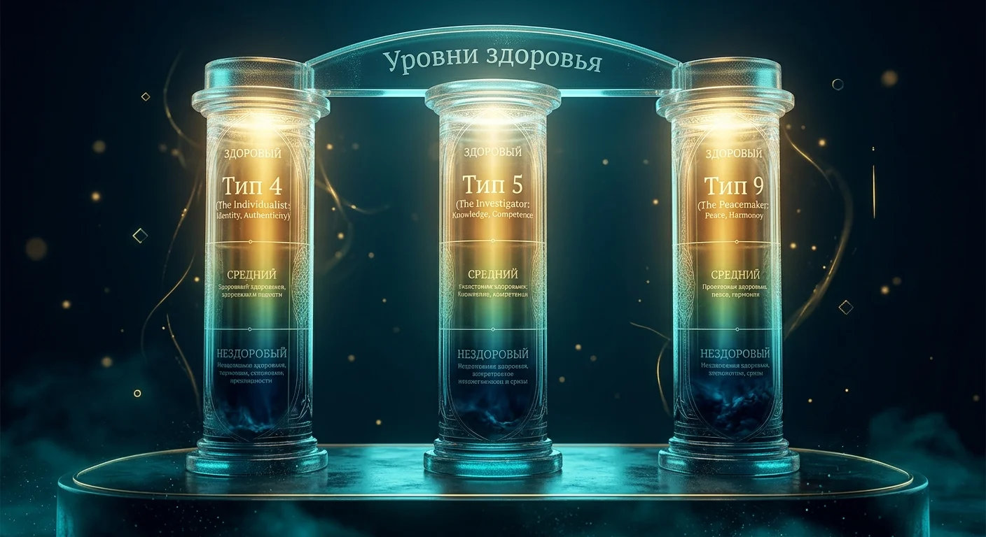 Уровни здоровья Рисо-Хадсона для типов 4, 5 и 9 — от процветания до кризиса Уровни здоровья Рисо-Хадсона для типов 4, 5 и 9 — от процветания до кризиса
