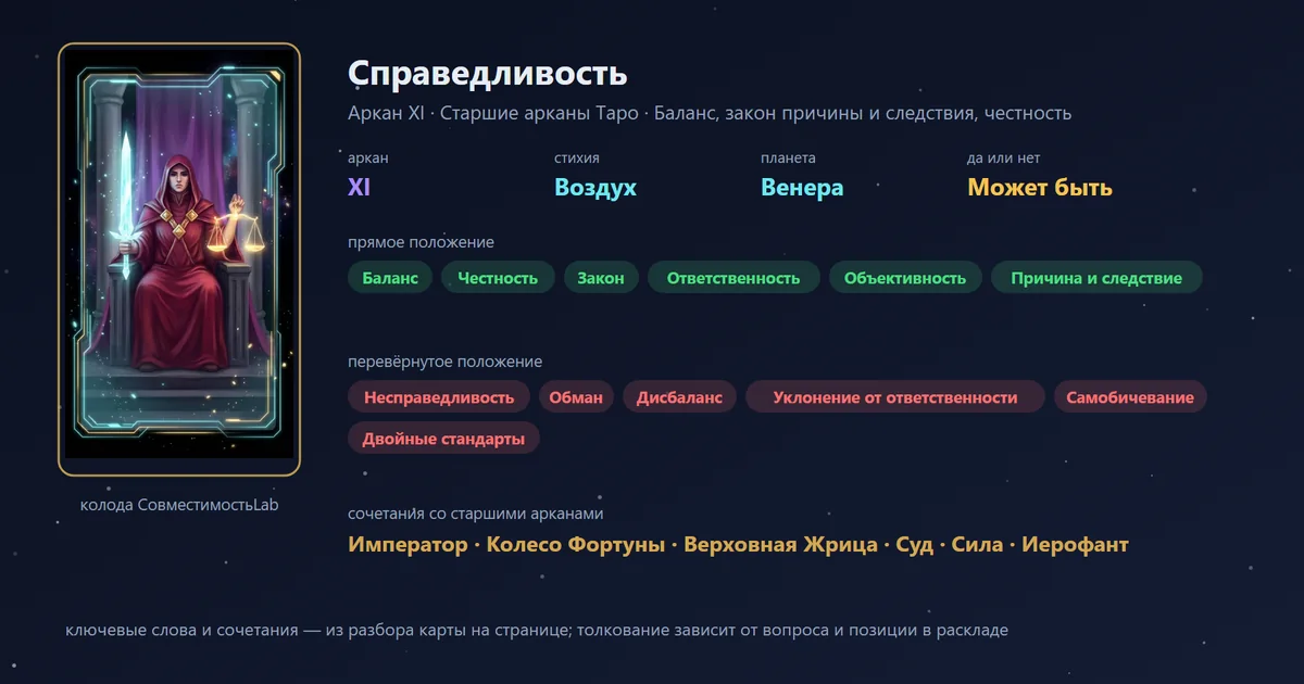 Справедливость — аркан XI Старших арканов Таро: баланс, закон причины и следствия, честность; стихия Воздух, планета Венера, в раскладе «да или нет» — может быть. В прямом положении: баланс, честность, закон, ответственность, объективность, причина и следствие.