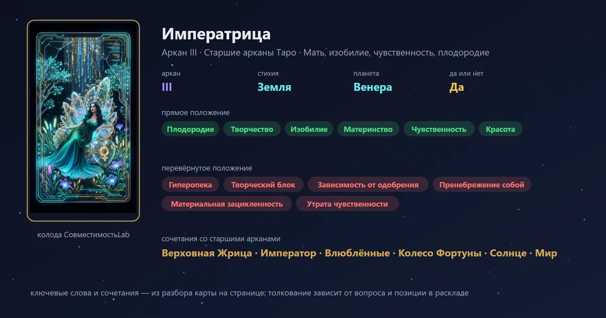 Императрица — аркан III Старших арканов Таро: мать, изобилие, чувственность, плодородие; стихия Земля, планета Венера, в раскладе «да или нет» — да. В прямом положении: плодородие, творчество, изобилие, материнство, чувственность, красота.
