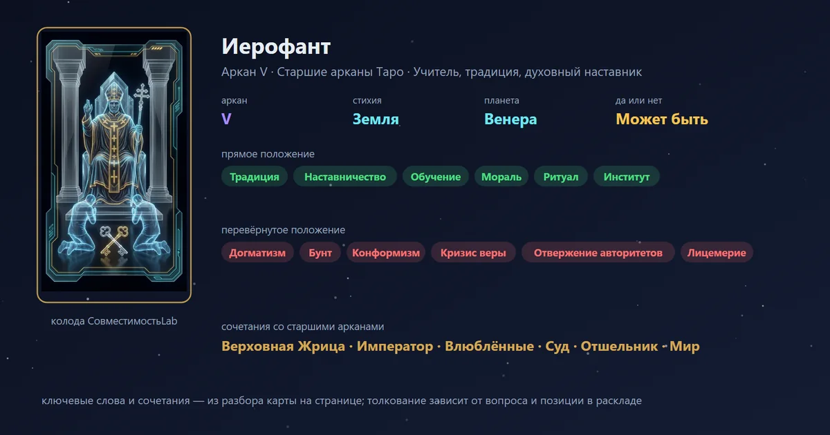 Иерофант — аркан V Старших арканов Таро: учитель, традиция, духовный наставник; стихия Земля, планета Венера, в раскладе «да или нет» — может быть. В прямом положении: традиция, наставничество, обучение, мораль, ритуал, институт.
