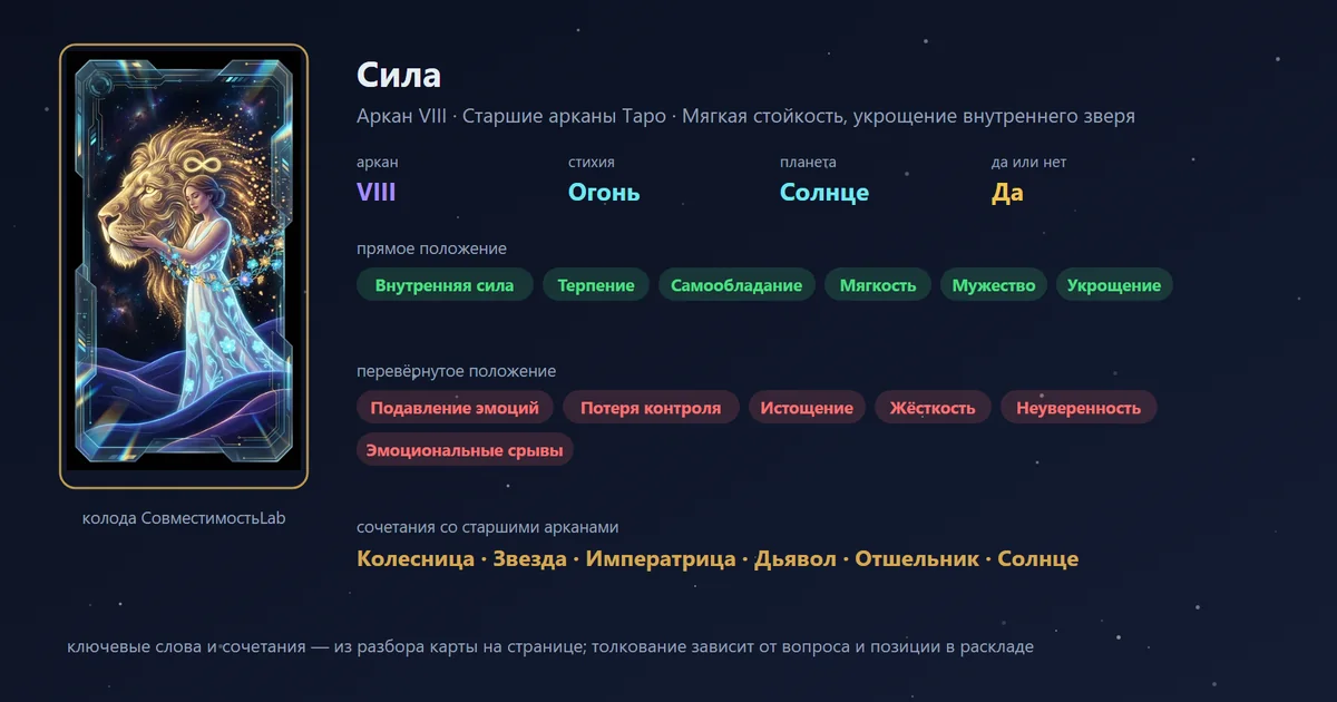 Сила — аркан VIII Старших арканов Таро: мягкая стойкость, укрощение внутреннего зверя; стихия Огонь, планета Солнце, в раскладе «да или нет» — да. В прямом положении: внутренняя сила, терпение, самообладание, мягкость, мужество, укрощение.