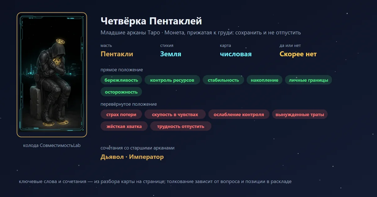 Четвёрка Пентаклей — карта Младших арканов Таро: масть Пентакли, стихия Земля; прямое: бережливость, контроль ресурсов, стабильность, накопление; перевёрнутое: страх потери, скупость в чувствах, ослабление контроля, вынужденные траты