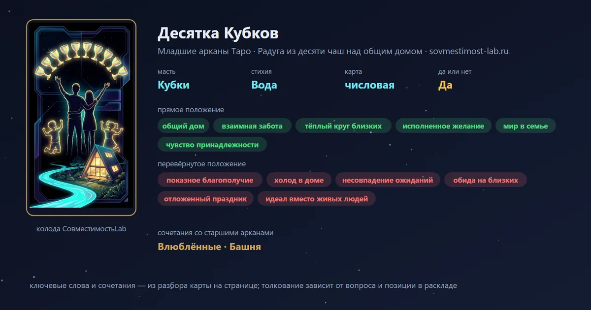 Десятка Кубков — карта Младших арканов Таро: масть Кубки, стихия Вода; прямое: общий дом, взаимная забота, тёплый круг близких, исполненное желание; перевёрнутое: показное благополучие, холод в доме, несовпадение ожиданий, обида на близких