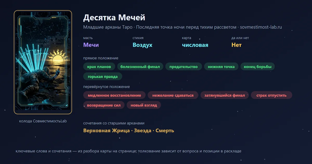 Десятка Мечей — карта Младших арканов Таро: масть Мечи, стихия Воздух; прямое: крах планов, болезненный финал, предательство, нижняя точка; перевёрнутое: медленное восстановление, нежелание сдаваться, затянувшийся финал, страх отпустить