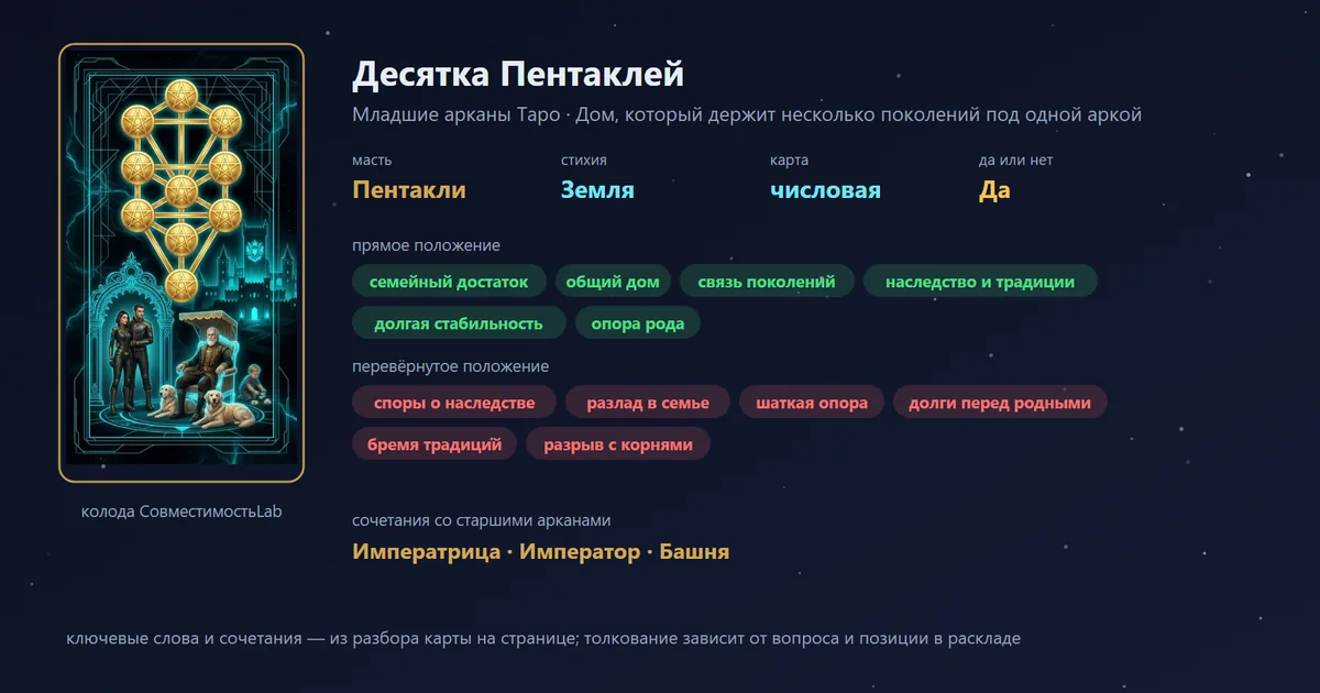 Десятка Пентаклей — карта Младших арканов Таро: масть Пентакли, стихия Земля; прямое: семейный достаток, общий дом, связь поколений, наследство и традиции; перевёрнутое: споры о наследстве, разлад в семье, шаткая опора, долги перед родными