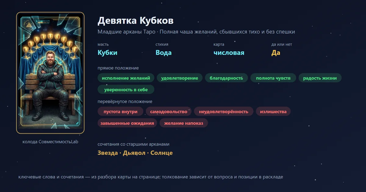 Девятка Кубков — карта Младших арканов Таро: масть Кубки, стихия Вода; прямое: исполнение желаний, удовлетворение, благодарность, полнота чувств; перевёрнутое: пустота внутри, самодовольство, неудовлетворённость, излишества