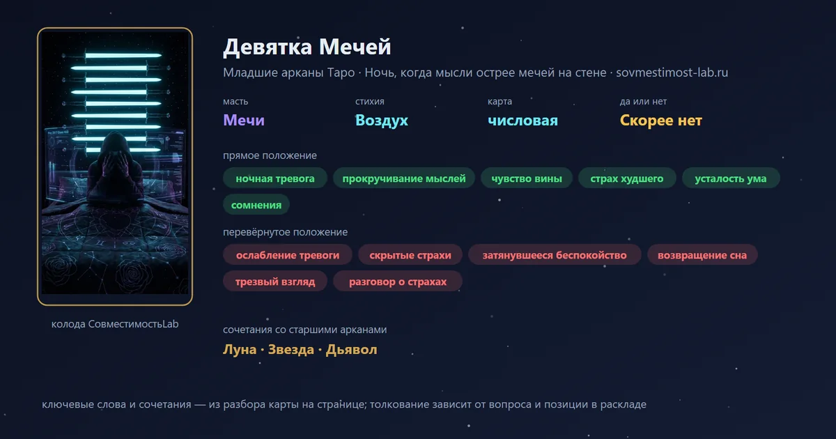 Девятка Мечей — карта Младших арканов Таро: масть Мечи, стихия Воздух; прямое: ночная тревога, прокручивание мыслей, чувство вины, страх худшего; перевёрнутое: ослабление тревоги, скрытые страхи, затянувшееся беспокойство, возвращение сна
