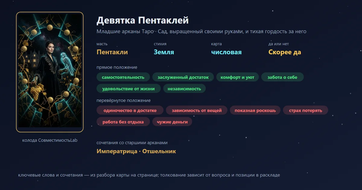 Девятка Пентаклей — карта Младших арканов Таро: масть Пентакли, стихия Земля; прямое: самостоятельность, заслуженный достаток, комфорт и уют, забота о себе; перевёрнутое: одиночество в достатке, зависимость от вещей, показная роскошь, страх потерять