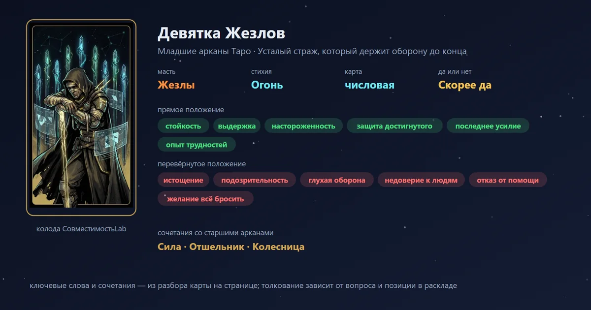 Девятка Жезлов — карта Младших арканов Таро: масть Жезлы, стихия Огонь; прямое: стойкость, выдержка, настороженность, защита достигнутого; перевёрнутое: истощение, подозрительность, глухая оборона, недоверие к людям