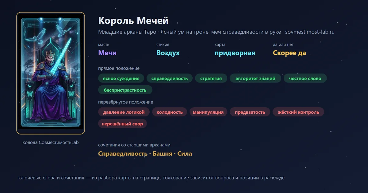 Король Мечей — карта Младших арканов Таро: масть Мечи, стихия Воздух; прямое: ясное суждение, справедливость, стратегия, авторитет знаний; перевёрнутое: давление логикой, холодность, манипуляция, предвзятость