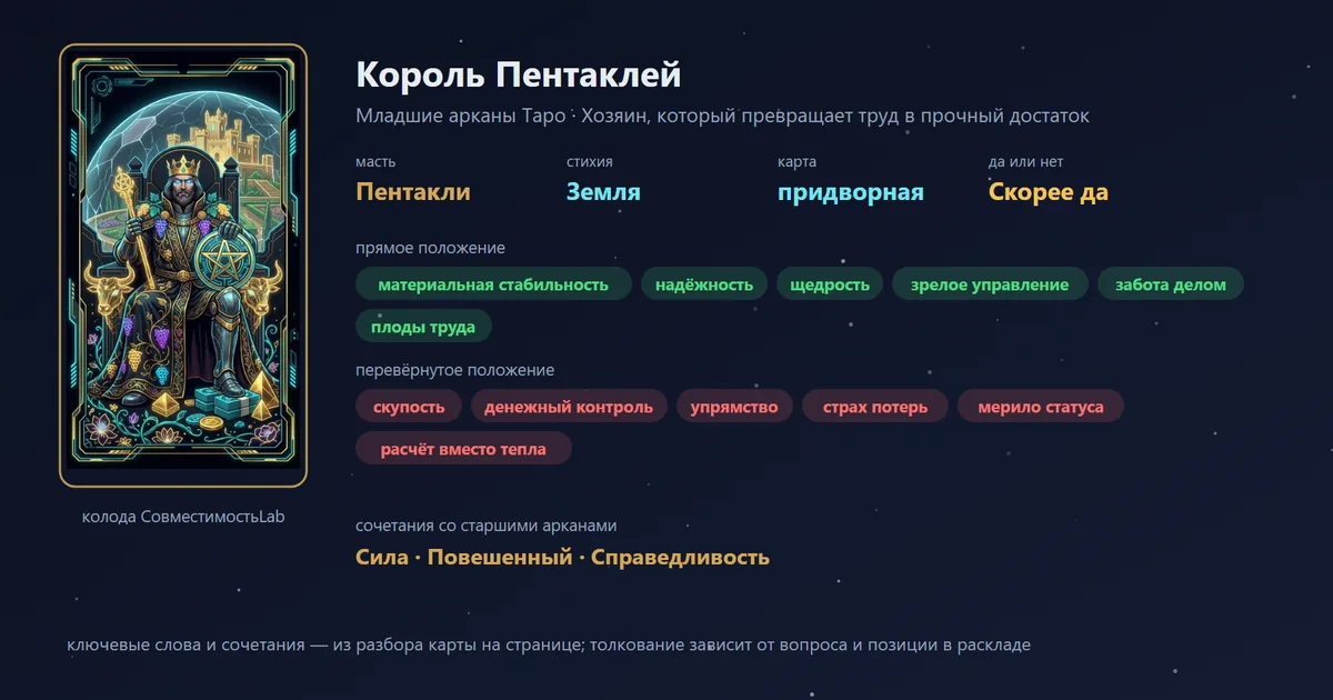 Король Пентаклей — карта Младших арканов Таро: масть Пентакли, стихия Земля; прямое: материальная стабильность, надёжность, щедрость, зрелое управление; перевёрнутое: скупость, денежный контроль, упрямство, страх потерь