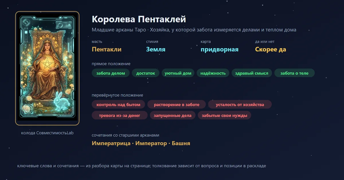 Королева Пентаклей — карта Младших арканов Таро: масть Пентакли, стихия Земля; прямое: забота делом, достаток, уютный дом, надёжность; перевёрнутое: контроль над бытом, растворение в заботе, усталость от хозяйства, тревога из-за денег
