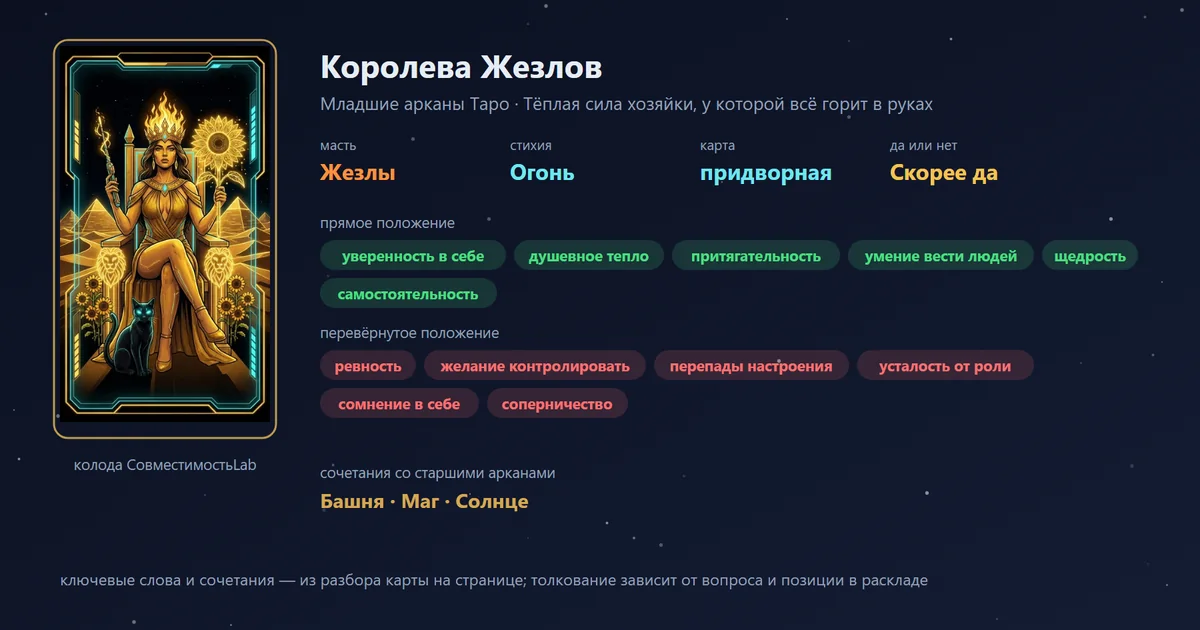 Королева Жезлов — карта Младших арканов Таро: масть Жезлы, стихия Огонь; прямое: уверенность в себе, душевное тепло, притягательность, умение вести людей; перевёрнутое: ревность, желание контролировать, перепады настроения, усталость от роли