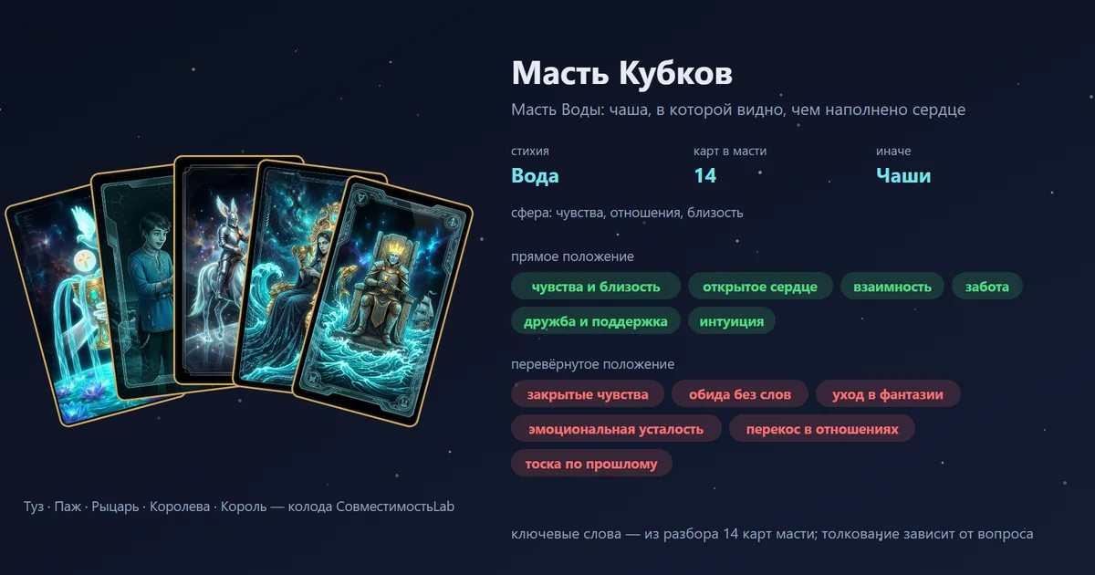 Масть Кубков в Таро: Туз, Паж, Рыцарь, Королева и Король своей колодой; стихия Вода; ключевые слова: чувства и близость, открытое сердце, взаимность, забота