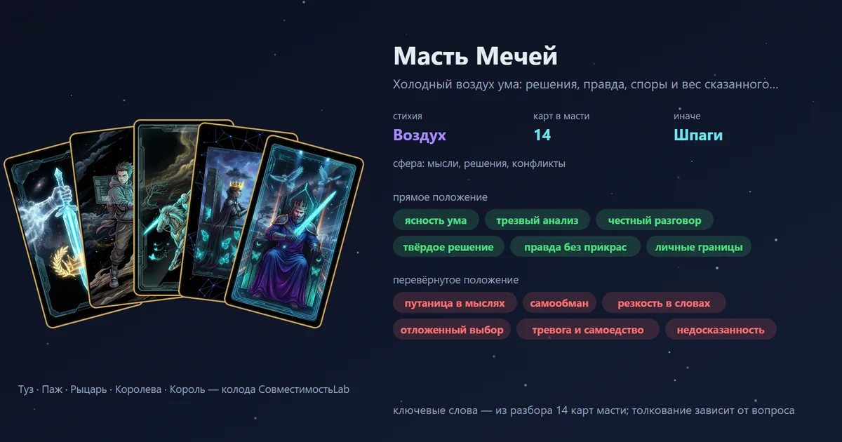 Масть Мечей в Таро: Туз, Паж, Рыцарь, Королева и Король своей колодой; стихия Воздух; ключевые слова: ясность ума, трезвый анализ, честный разговор, твёрдое решение