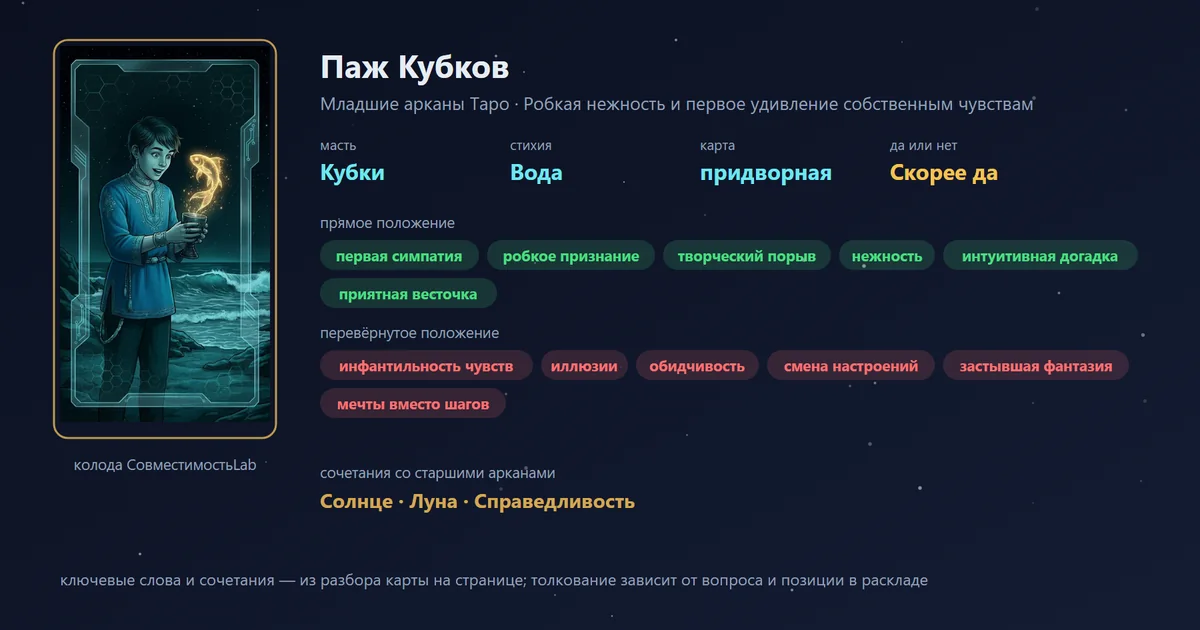 Паж Кубков — карта Младших арканов Таро: масть Кубки, стихия Вода; прямое: первая симпатия, робкое признание, творческий порыв, нежность; перевёрнутое: инфантильность чувств, иллюзии, обидчивость, смена настроений