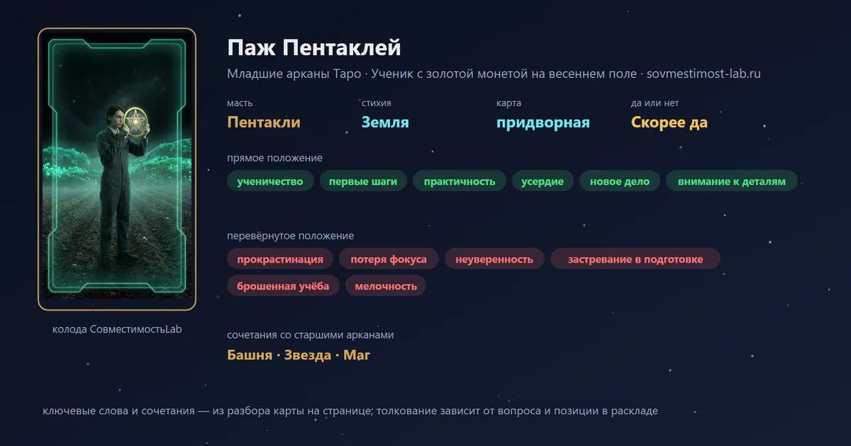 Паж Пентаклей — карта Младших арканов Таро: масть Пентакли, стихия Земля; прямое: ученичество, первые шаги, практичность, усердие; перевёрнутое: прокрастинация, потеря фокуса, неуверенность, застревание в подготовке