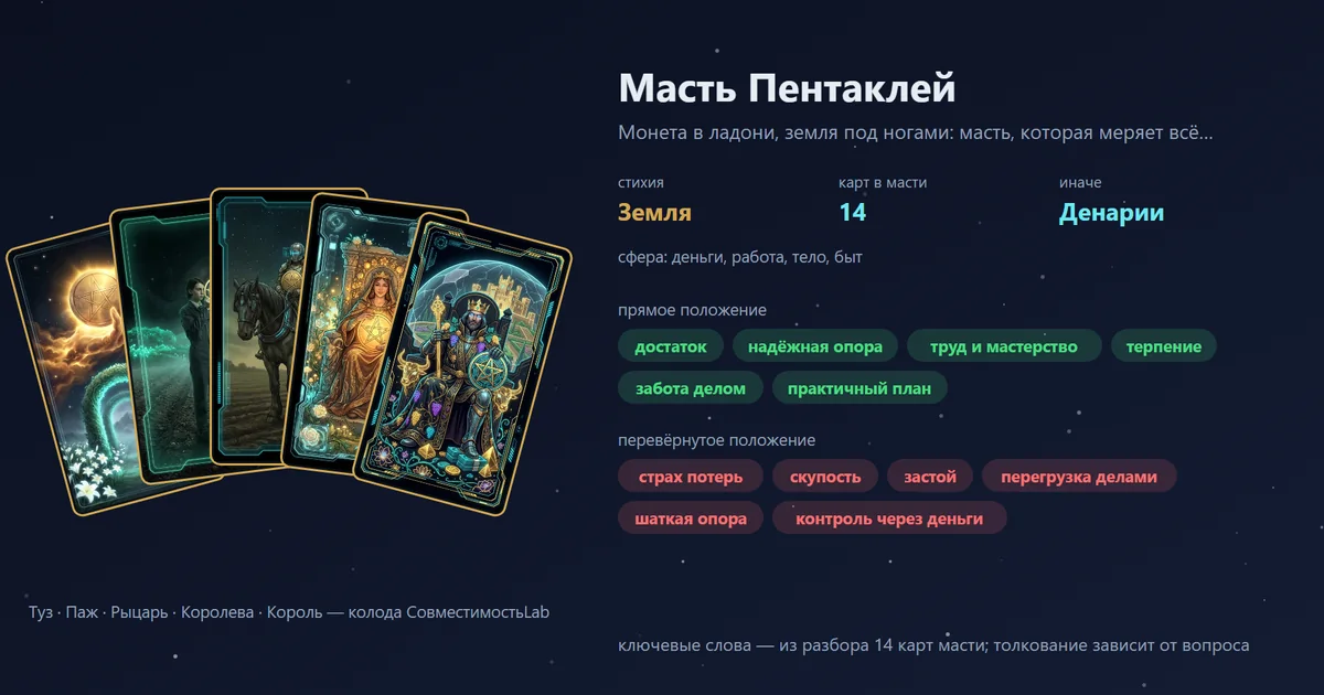 Масть Пентаклей в Таро: Туз, Паж, Рыцарь, Королева и Король своей колодой; стихия Земля; ключевые слова: достаток, надёжная опора, труд и мастерство, терпение