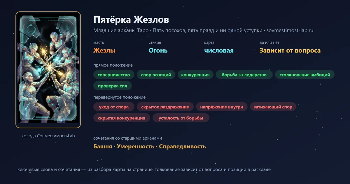 Пятёрка Жезлов — карта Младших арканов Таро: масть Жезлы, стихия Огонь; прямое: соперничество, спор позиций, конкуренция, борьба за лидерство; перевёрнутое: уход от спора, скрытое раздражение, напряжение внутри, затихающий спор