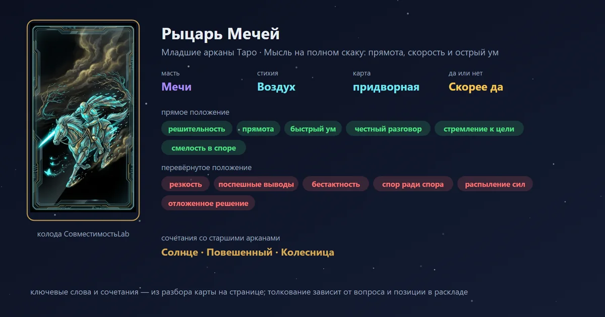 Рыцарь Мечей — карта Младших арканов Таро: масть Мечи, стихия Воздух; прямое: решительность, прямота, быстрый ум, честный разговор; перевёрнутое: резкость, поспешные выводы, бестактность, спор ради спора