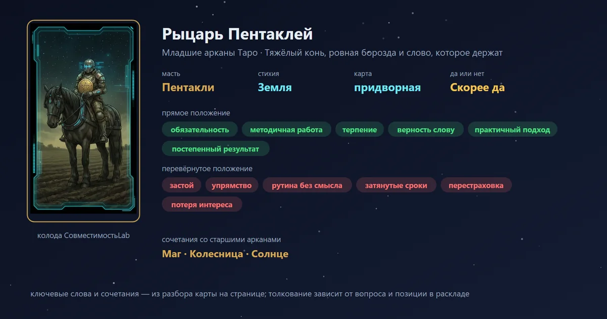 Рыцарь Пентаклей — карта Младших арканов Таро: масть Пентакли, стихия Земля; прямое: обязательность, методичная работа, терпение, верность слову; перевёрнутое: застой, упрямство, рутина без смысла, затянутые сроки