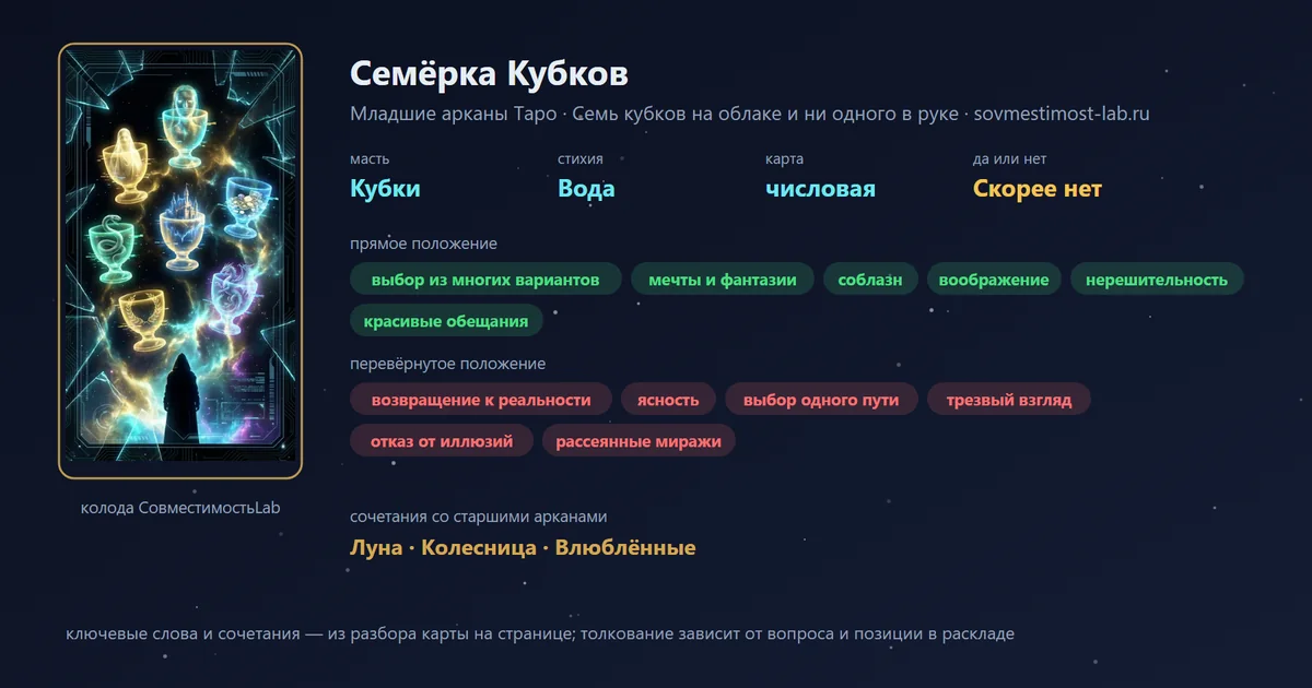 Семёрка Кубков — карта Младших арканов Таро: масть Кубки, стихия Вода; прямое: выбор из многих вариантов, мечты и фантазии, соблазн, воображение; перевёрнутое: возвращение к реальности, ясность, выбор одного пути, трезвый взгляд