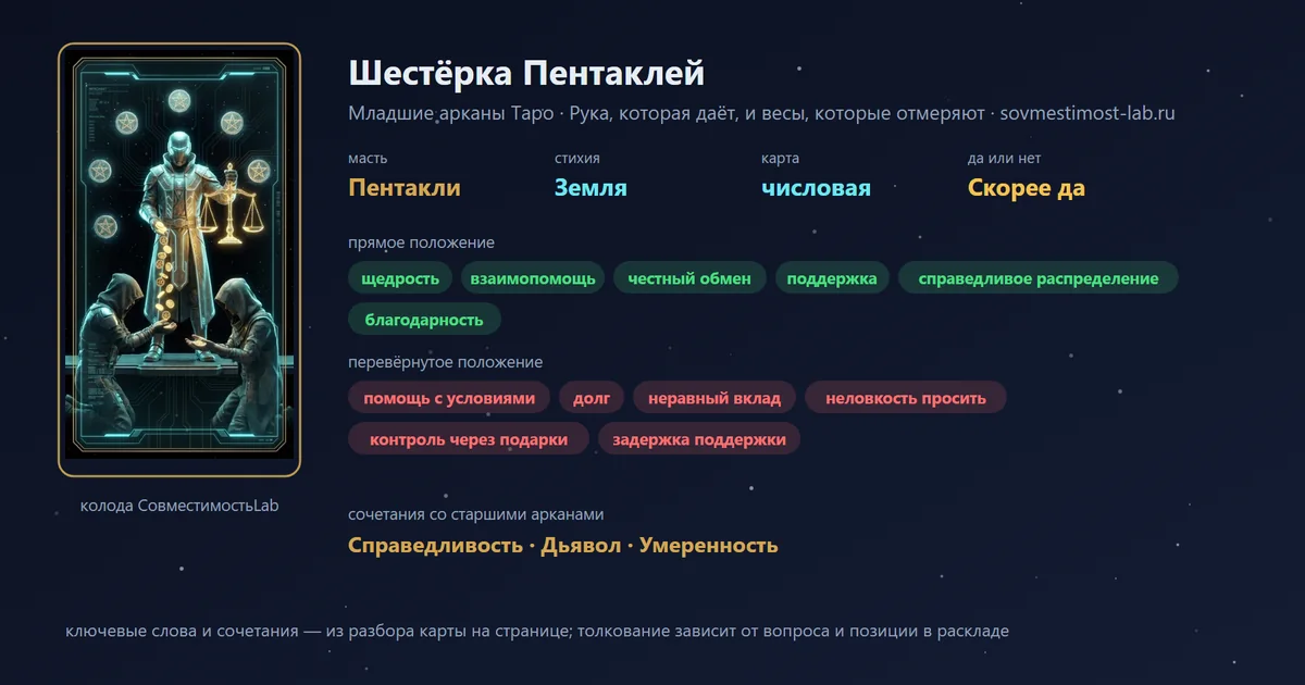 Шестёрка Пентаклей — карта Младших арканов Таро: масть Пентакли, стихия Земля; прямое: щедрость, взаимопомощь, честный обмен, поддержка; перевёрнутое: помощь с условиями, долг, неравный вклад, неловкость просить