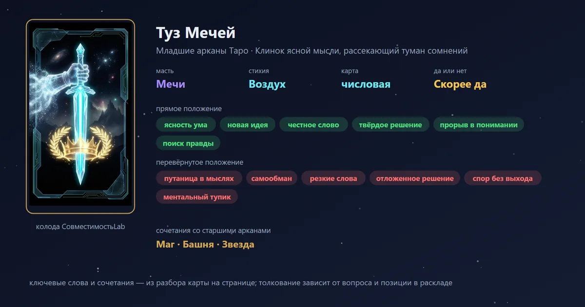 Туз Мечей — карта Младших арканов Таро: масть Мечи, стихия Воздух; прямое: ясность ума, новая идея, честное слово, твёрдое решение; перевёрнутое: путаница в мыслях, самообман, резкие слова, отложенное решение