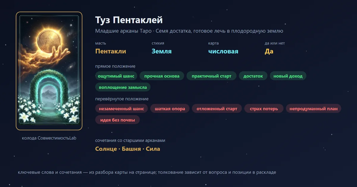 Туз Пентаклей — карта Младших арканов Таро: масть Пентакли, стихия Земля; прямое: ощутимый шанс, прочная основа, практичный старт, достаток; перевёрнутое: незамеченный шанс, шаткая опора, отложенный старт, страх потерь