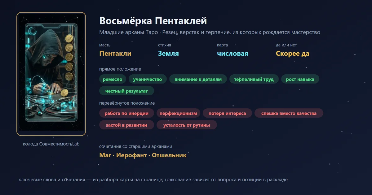 Восьмёрка Пентаклей — карта Младших арканов Таро: масть Пентакли, стихия Земля; прямое: ремесло, ученичество, внимание к деталям, терпеливый труд; перевёрнутое: работа по инерции, перфекционизм, потеря интереса, спешка вместо качества