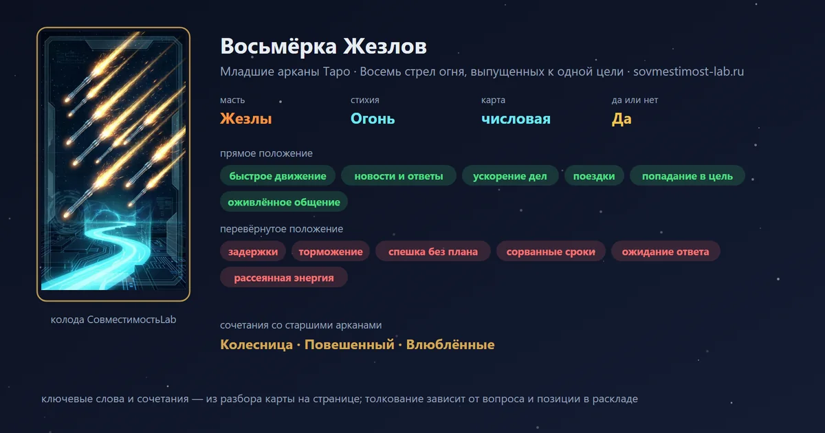 Восьмёрка Жезлов — карта Младших арканов Таро: масть Жезлы, стихия Огонь; прямое: быстрое движение, новости и ответы, ускорение дел, поездки; перевёрнутое: задержки, торможение, спешка без плана, сорванные сроки