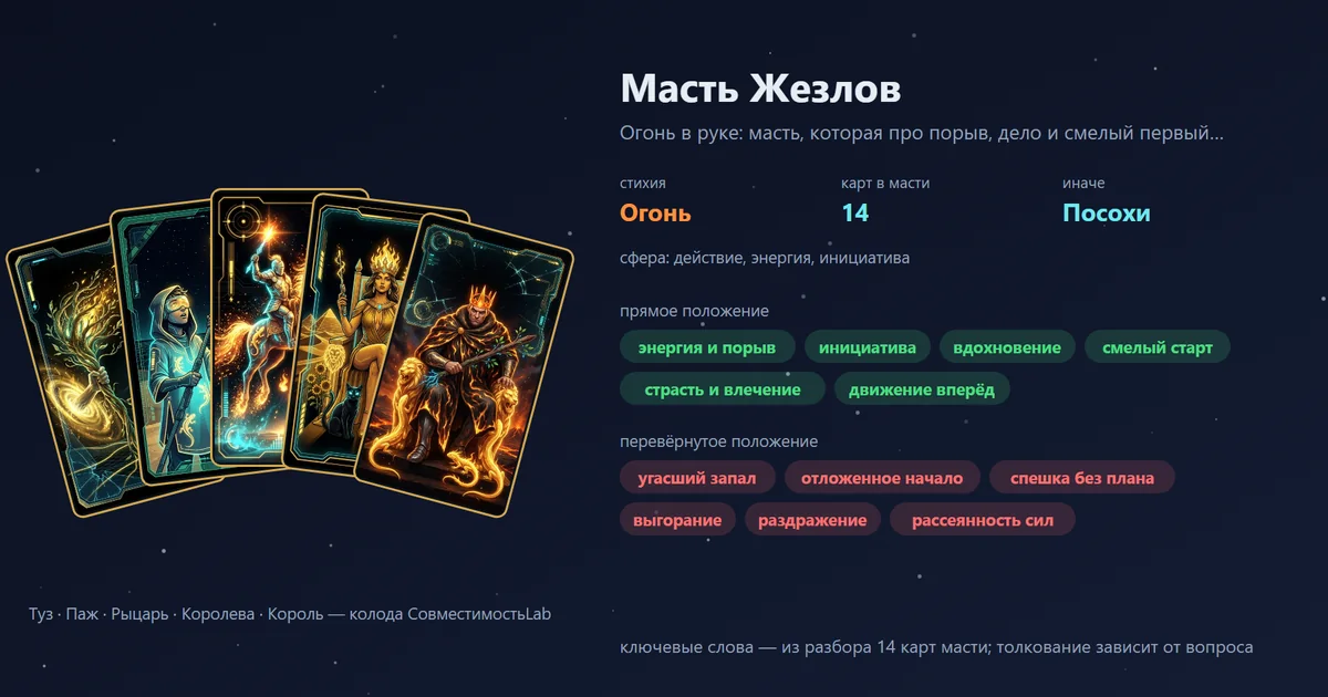 Масть Жезлов в Таро: Туз, Паж, Рыцарь, Королева и Король своей колодой; стихия Огонь; ключевые слова: энергия и порыв, инициатива, вдохновение, смелый старт