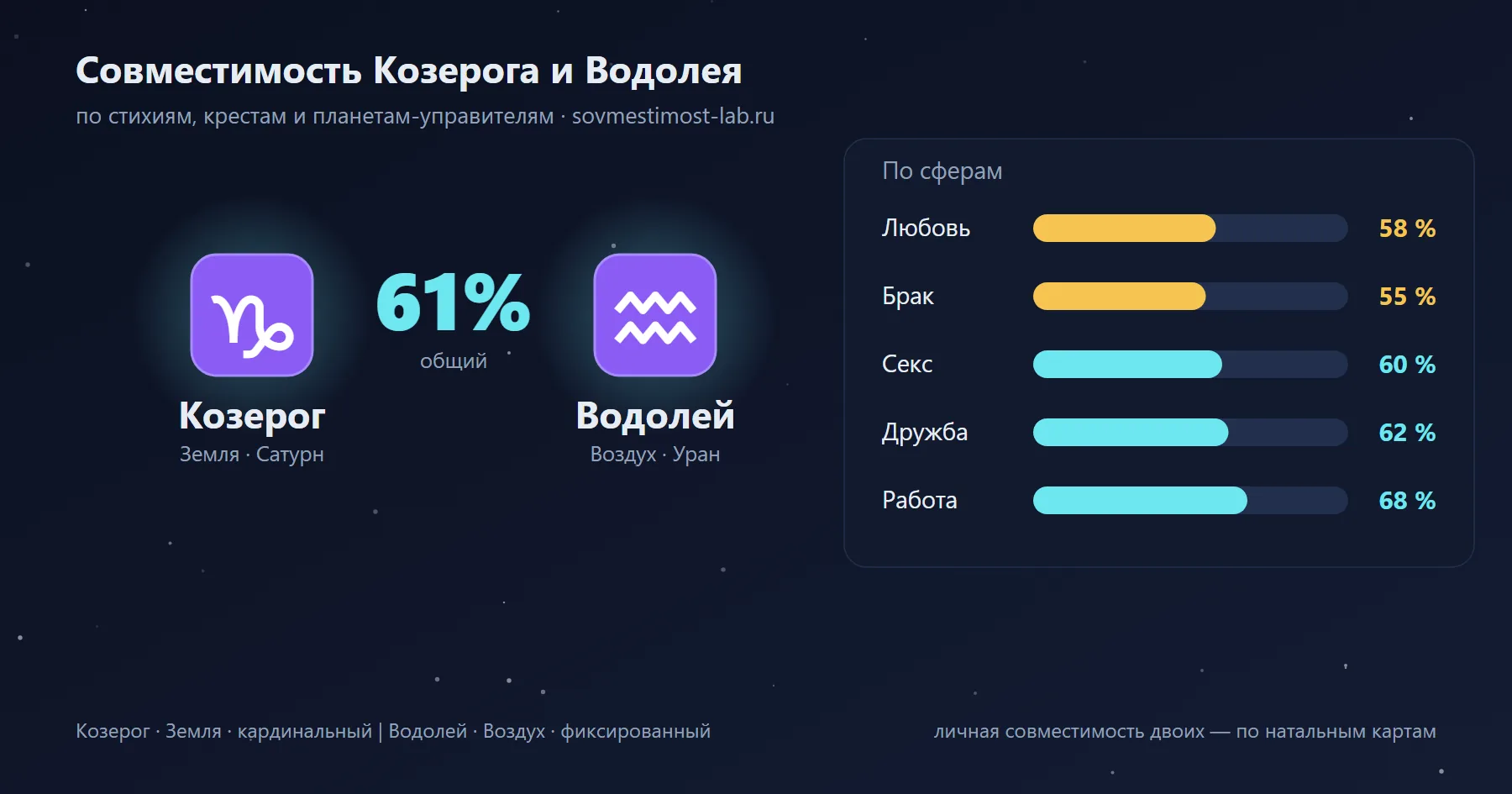 Карточка пары Козерог и Водолей: проценты совместимости по сферам