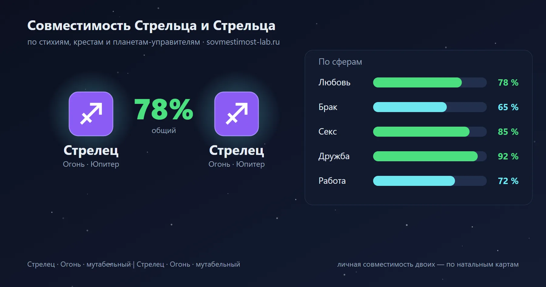 Карточка пары Стрелец и Стрелец: проценты совместимости по сферам