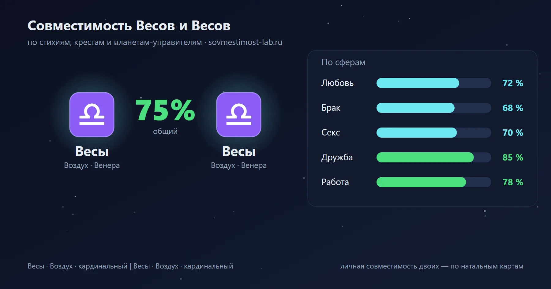 Карточка пары Весы и Весы: проценты совместимости по сферам